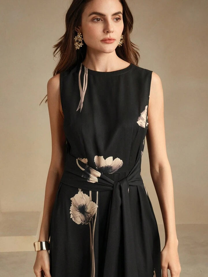 CM-DS243293 Women Elegant Seoul Style Round Neck Sleeveless Floral Printed A-Line Maxi Dress - Black