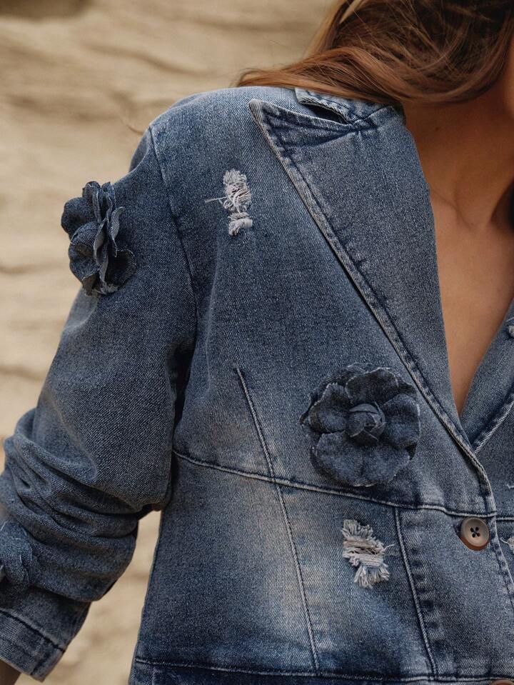 CM-CS412231 Women Elegant Seoul Style Lapel Neckline Single-Breasted Loose Fit Denim Jacket - Blue