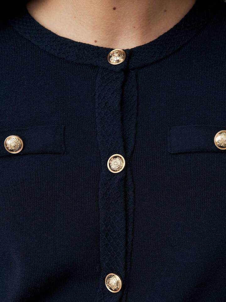 CM-CS353335 Women Casual Seoul Style Crew Neck Long Sleeve Cardigan Sweater - Navy Blue