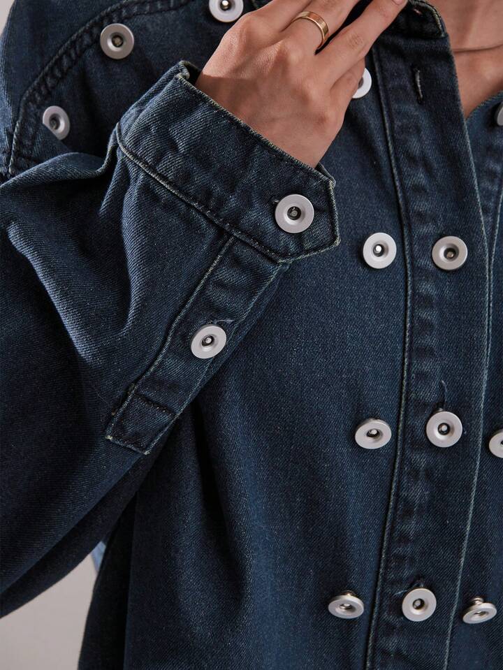 CM-CS944821 Women Casual Seoul Style Dark Wash Shirt Collar Long Sleeve Rivet Decor Denim Jacket