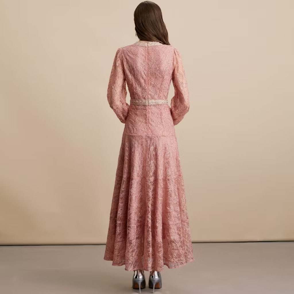 CM-DY054273 Women Elegant European Style V-Neck Long Sleeve Pinched Waist Long Dress - Red