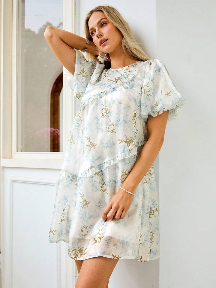 CM-DS437523 Women Trendy Bohemian Style Plant Print Round Neck Short Puff Sleeve Dress