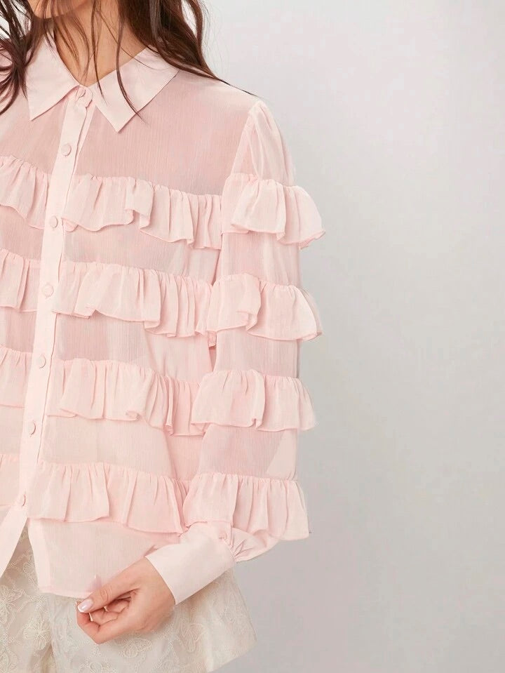 CM-TS615334 Women Casual Seoul Style Multi-Layered Ruffle Hem Blouse - Baby Pink