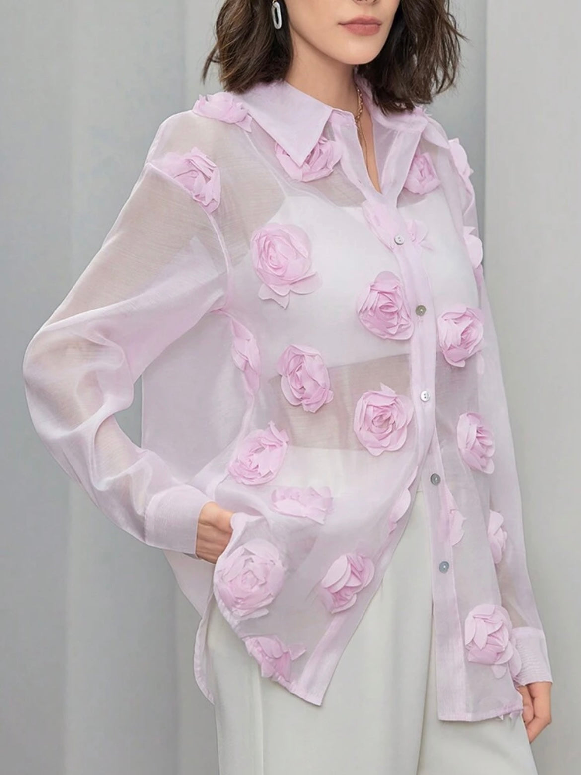 CM-TS896623 Women Elegant Seoul Style 3D Floral Long Sleeve Sheer Mesh Blouse - Baby Pink