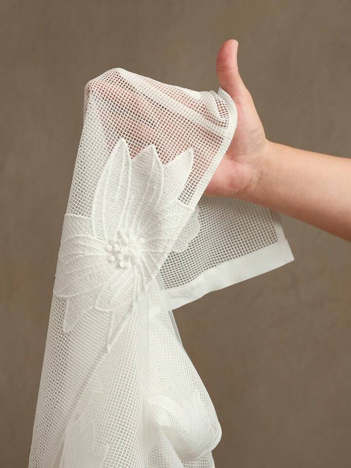 CM-TS032531 Women Elegant Seoul Style Mesh Fabric Embroidery Hollow Short Sleeved Shirt - White