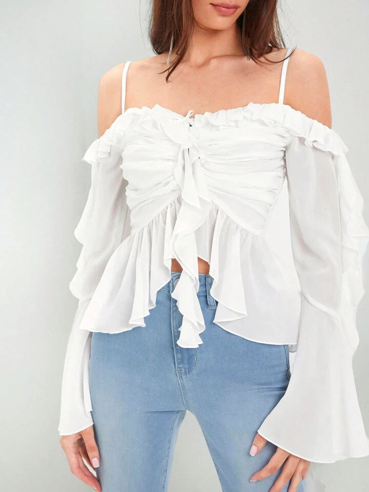 CM-TS063968 Women Trendy Bohemian Style Off-Shoulder Ruffle Hemline Pleats Shirts - White