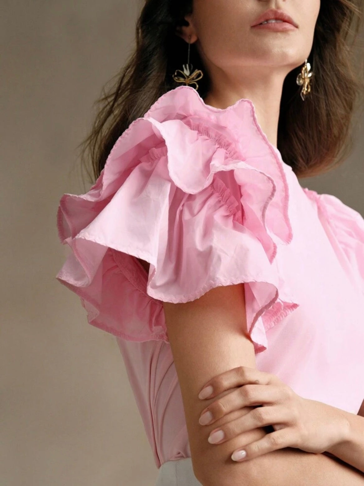 CM-TS461880 Women Casual Seoul Style Round Neck Puff Sleeve Ruffle Hem Splice Short Sleeve T-Shirt