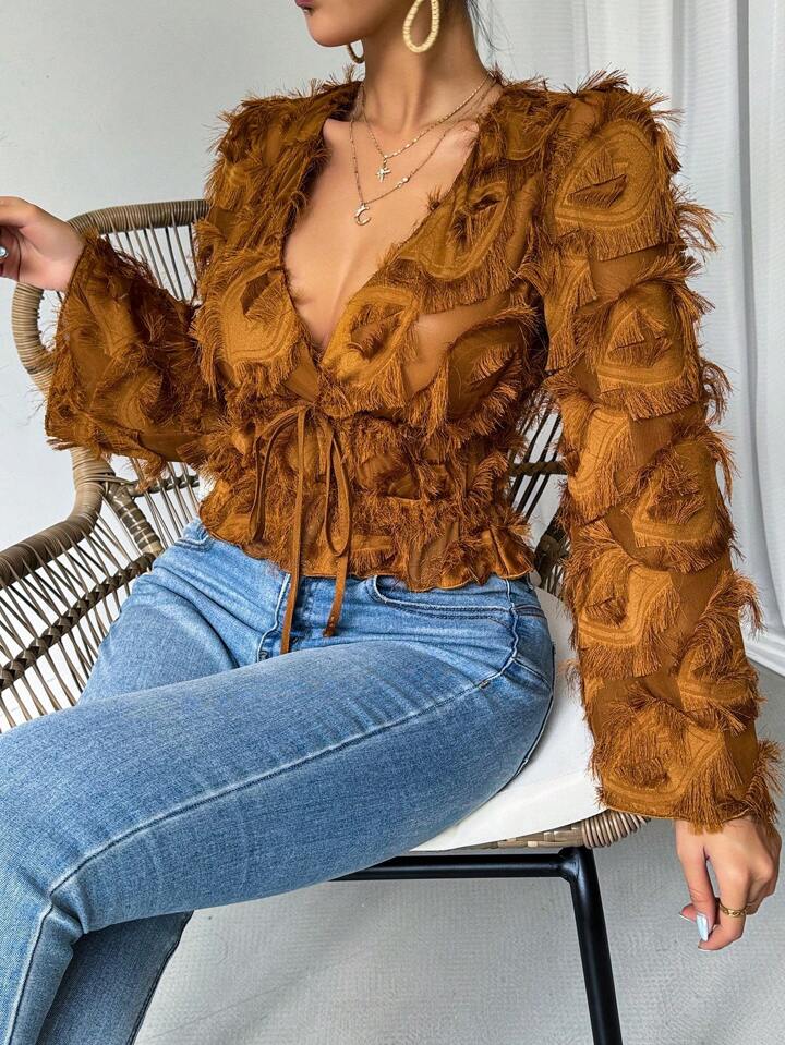 CM-TS253769 Women Casual Seoul Style Fringed Flare Sleeve Tie Front Shirt - Brown