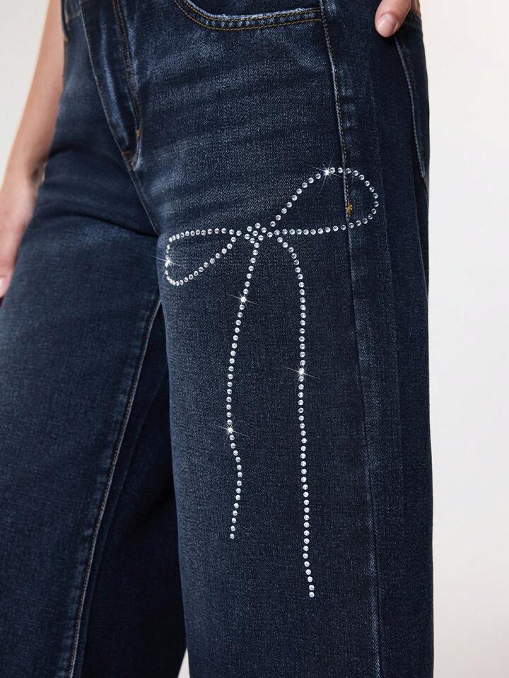 CM-BS709253 Women Casual Seoul Style Rhinestone Sequin Polka Dot Bow Loose Fit Jeans - Blue