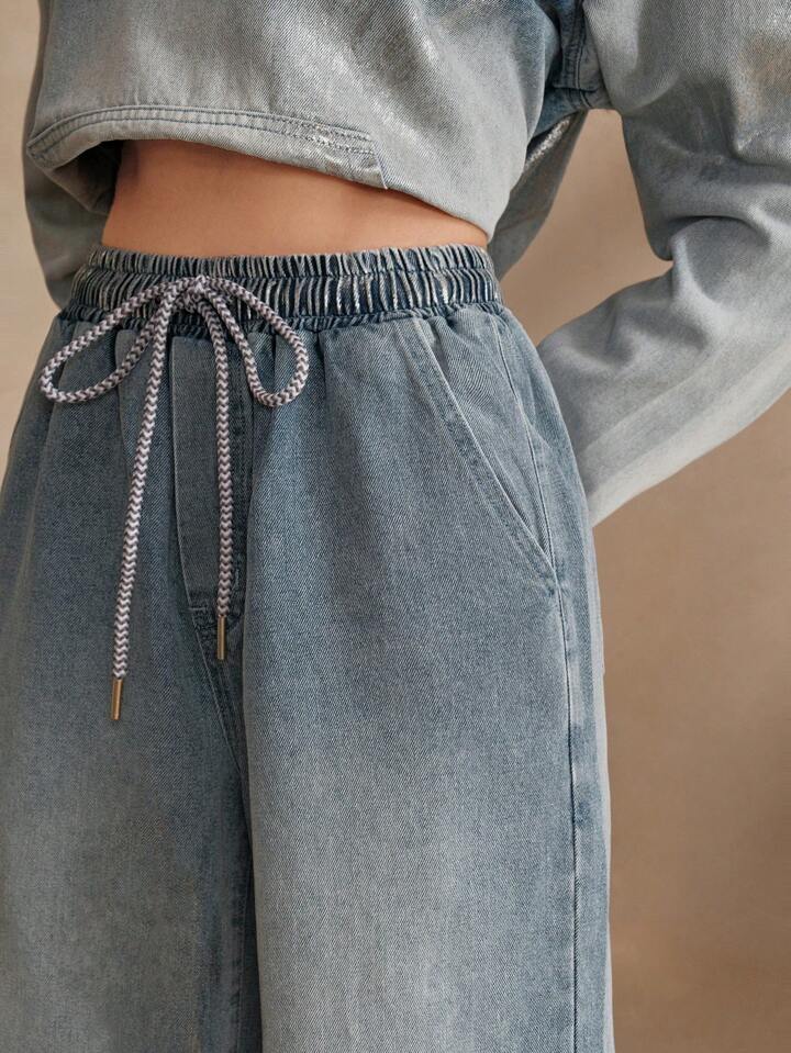 CM-BS188103 Women Casual Seoul Style Drawstring Waist Loose Fit Wide Leg Jeans - Blue