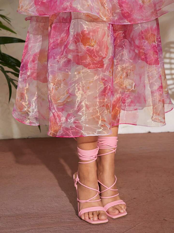 CM-DS700962 Women Elegant Seoul Style Floral Organza Tiered Tie Strap High Waist Dress
