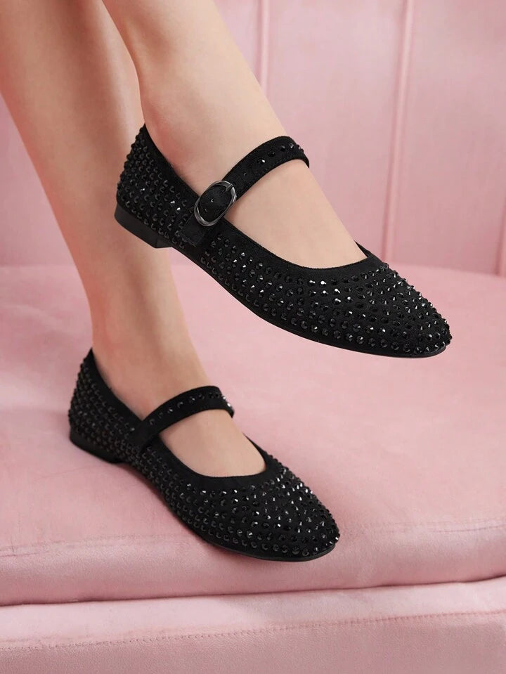 CM-SHS622262 Women Trendy Seoul Style Rhinestoned Flats Low Heel Shoes - Black
