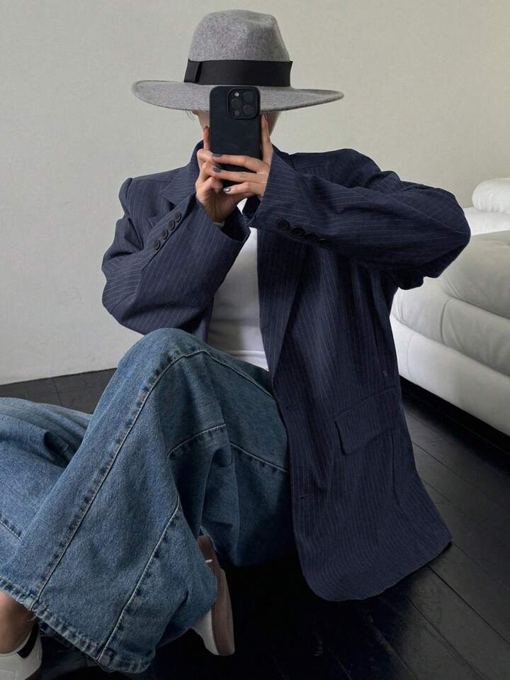 CM-CS910221 Women Elegant Seoul Style Striped Lapel Neckline Long Sleeve Suit Jacket - Gray