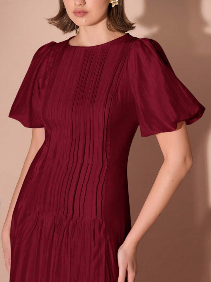 CM-DS101609 Women Elegant Seoul Style Round Neck Bubble Pleat Puff Long Sleeve Maxi Dress - Burgundy