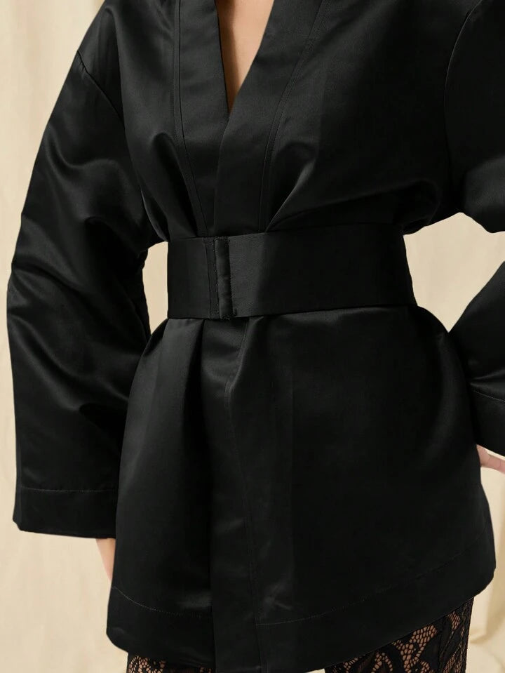 CM-DS774542 Women Elegant Seoul Style Solid Color Deep V-Neck Bell Sleeve Mini Dress - Black