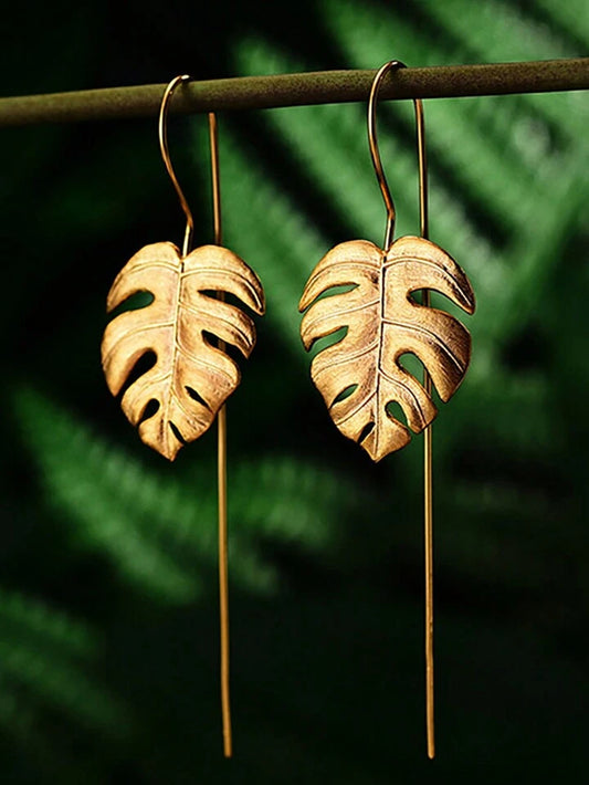 CM-AE100234 925 Sterling Silver 14k White Gold-Plated Turtle Leaf Dangle Earrings