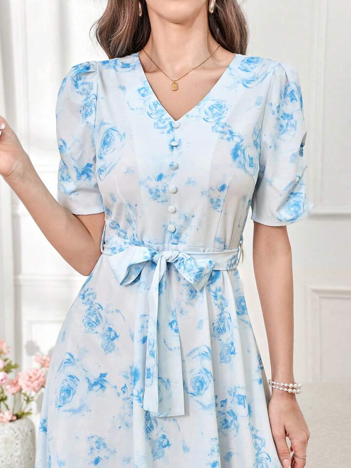 CM-DS338899 Women Trendy Bohemian Style Floral Print V-Neck Puff Sleeve Belted Dress - Blue