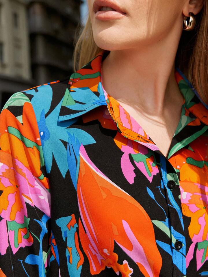 CM-TS171016 Women Casual Seoul Style Floral Printed Button Front Long Sleeve Shirt