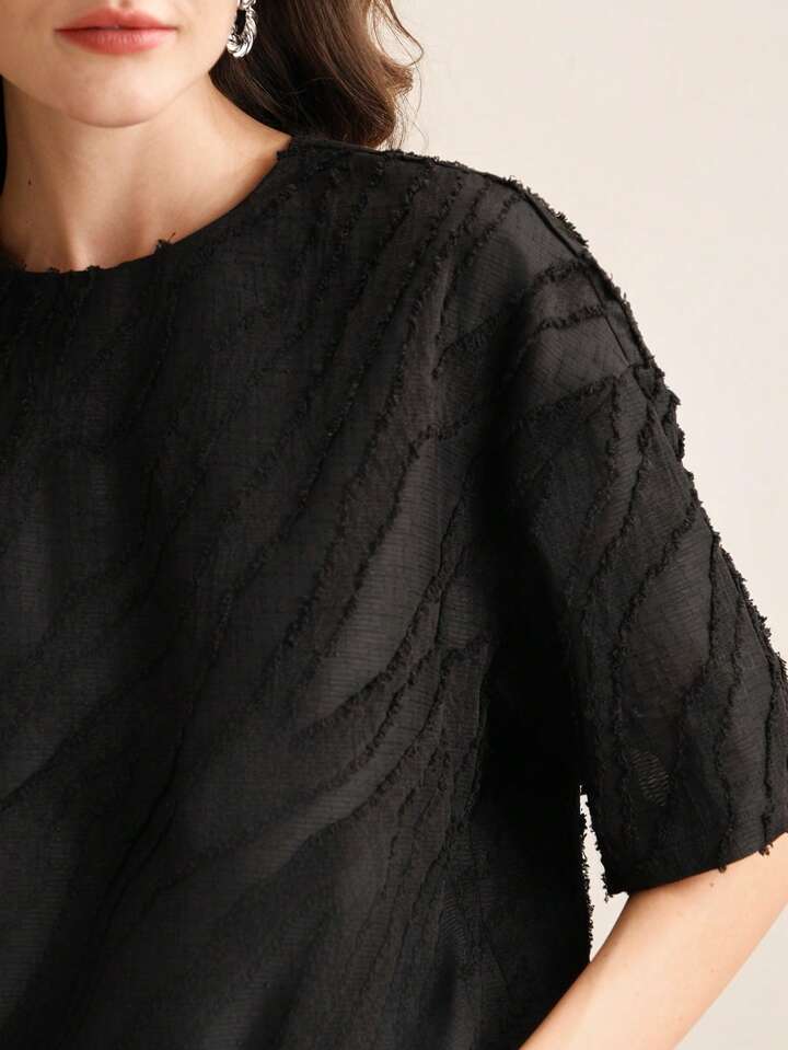 CM-TS217177 Women Casual Seoul Style Round Neck Laser Cut Batwing Sleeve Top - Black