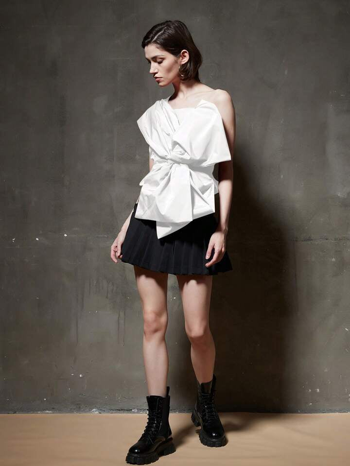 CM-TS911290 Women Casual Seoul Style Front Bow Asymmetrical Collar Blouse - White