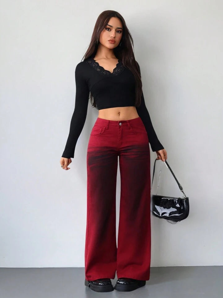 CM-BS522457 Women Casual Seoul Style Low Rise Jeans Dirty Vintage Wide Leg Jeans - Burgundy