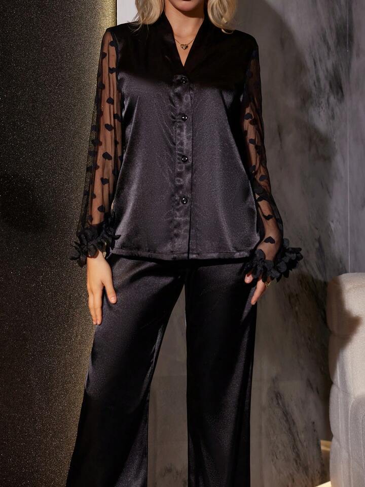 CM-LS273783 Women Trendy Seoul Style 3D Floral Lace Heart Mesh Satin Pajama Set - Black