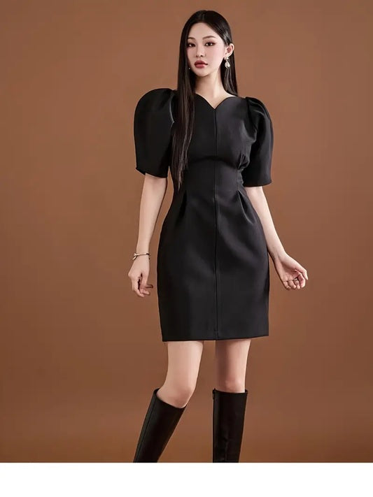 CM-DT739014 Women Elegant Seoul Style Puff Sleeve Waist-Cinching Bodycon Mini Dress - Black