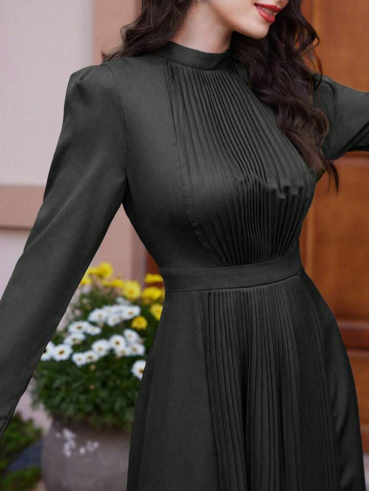 CM-DS256399 Women Elegant Seoul Style Pleated Waist Cinched Long Sleeve Maxi Dress - Black