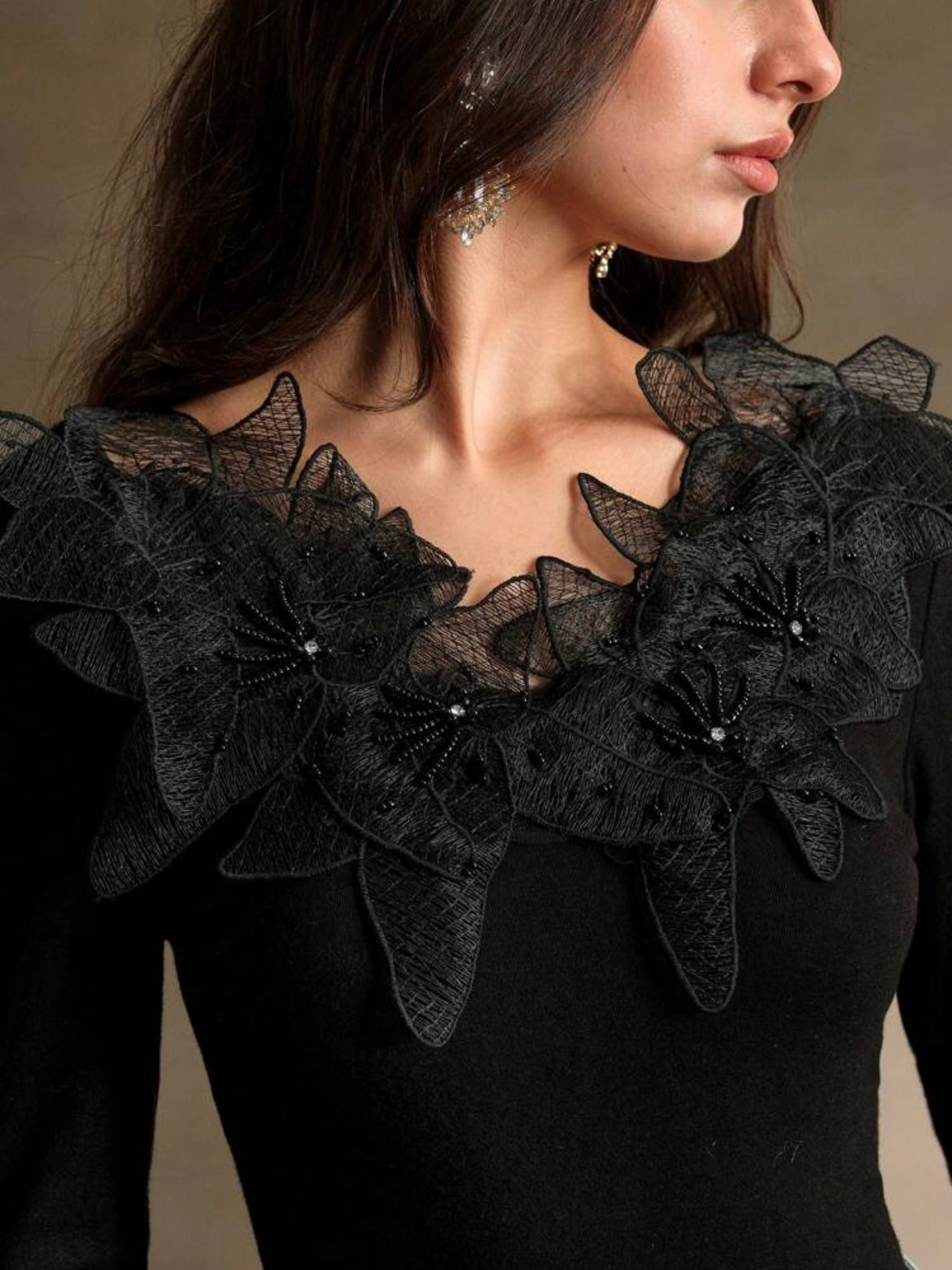 CM-TS031636 Women Elegant Seoul Style Scoop Neck Pearl Stud Lace 3D Flower Decor Tee - Black