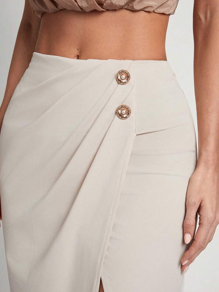 CM-BS172755 Women Casual Seoul Style Solid Color Ruched Button Details Side Slit Hem Skirt - Cream