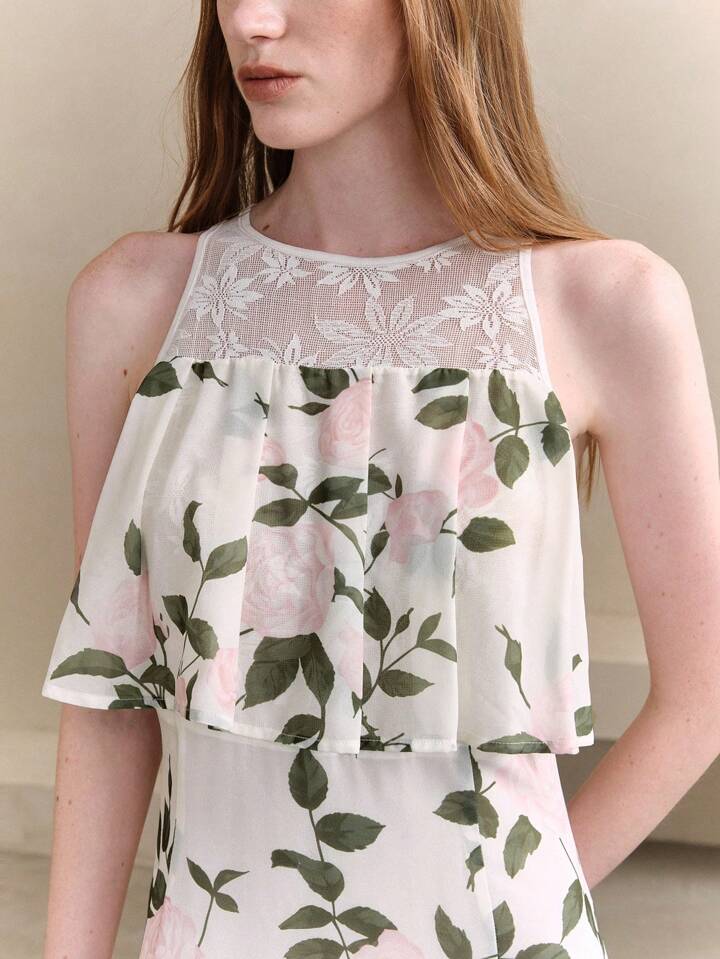 CM-DS131104 Women Elegant Seoul Style Floral Print Crew Neck Waist Cinching Lace Patchwork Ruffle Maxi Dress