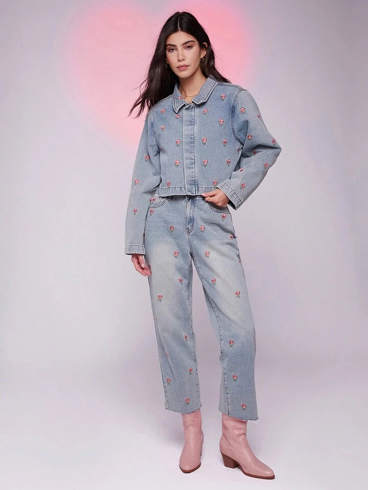 CM-CS634861 Women Trendy Bohemian Style Floral Embroidered Drop Shoulder Cropped Denim Jacket - Blue