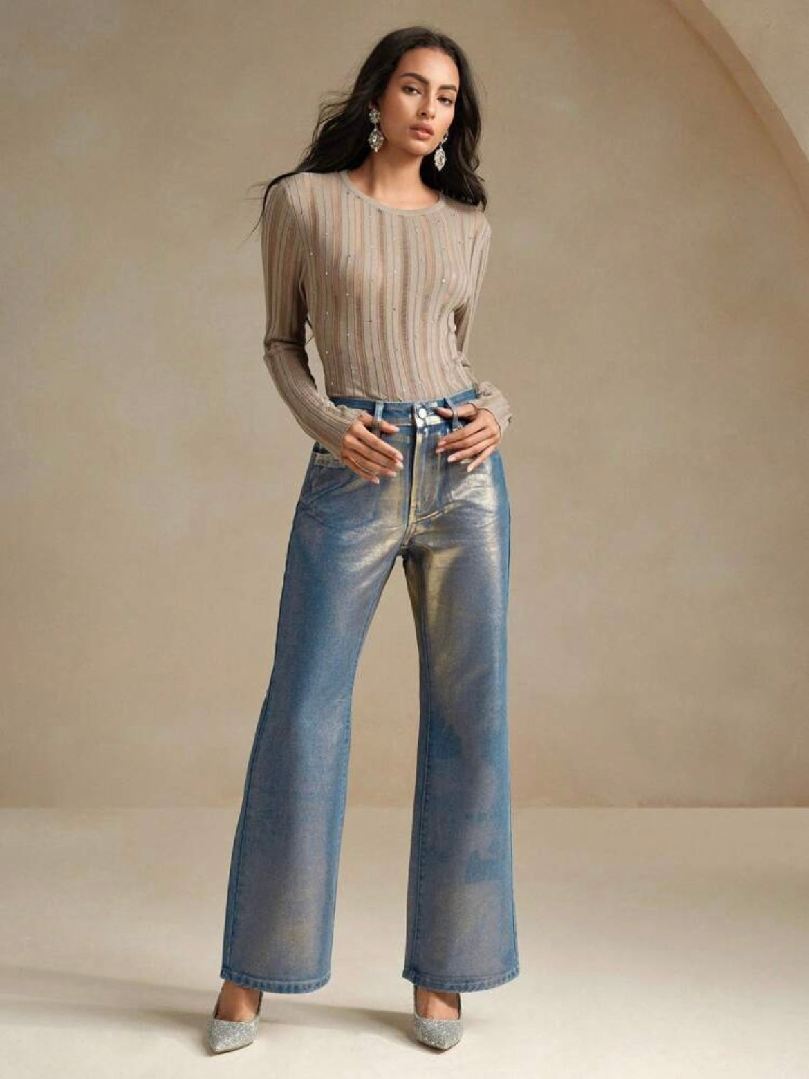 CM-BS502302 Women Elegant Seoul Style Metallic Effect Loose Fit Wide Leg Jeans - Blue