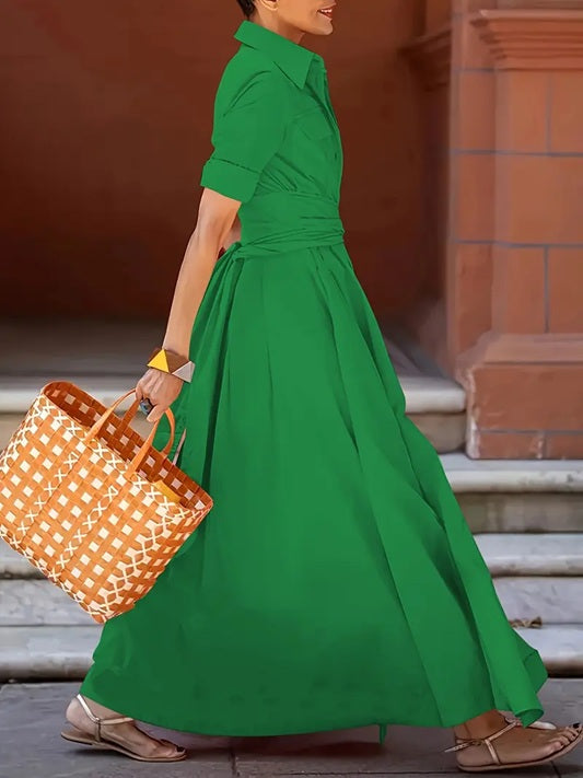 CM-DT291458 Women Elegant Seoul Style Stand Collar Long Sleeve Tie Waist Shirt Dress - Green