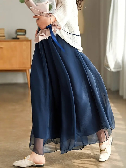 CM-BT851366 Women Elegant Seoul Style Chiffon High Waist Loose Wide-Leg Pants - Dark Blue