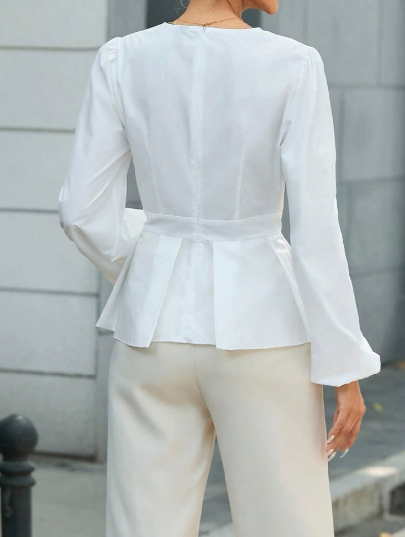 CM-TS250676 Women Elegant Seoul Style Lantern Sleeve Shirt With Ruffle Hem - White