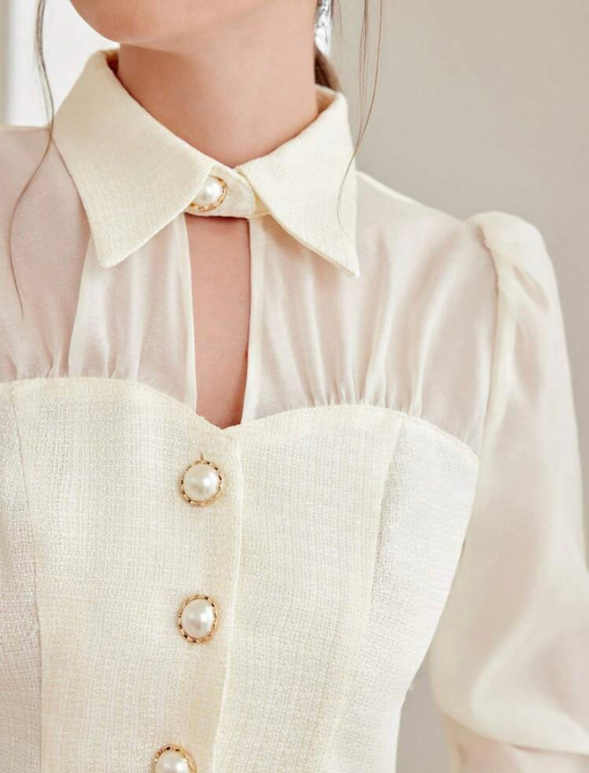 CM-TS711231 Women Elegant Seoul Style Flare Sleeve Button Front Blouse - Beige