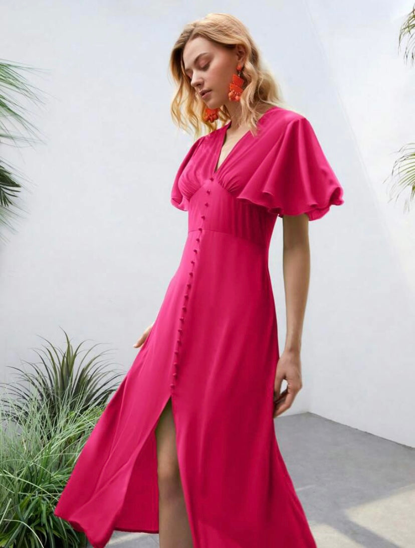 CM-DS383305 Women Elegant Seoul Style Butterfly Sleeve Button Front A-Line Dress - Hot Pink