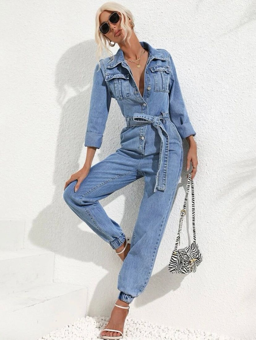 CM-JS319994 Women Casual Seoul Style Medium Wash Flap Pocket Belted Denim Jumpsuit