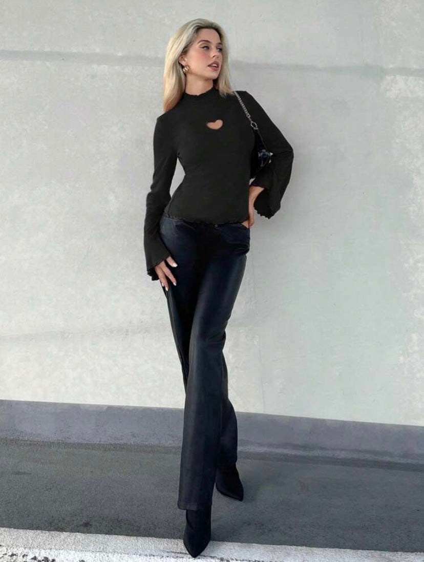 CM-TS367225 Women Casual Seoul Style Heart Cut Out Lettuce Trim Mock Neck Trumpet Sleeve Tee