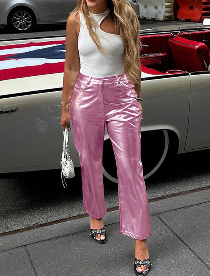 CM-BS050070 Women Elegant Seoul Style Shiny Straight Leg Trousers - Pink