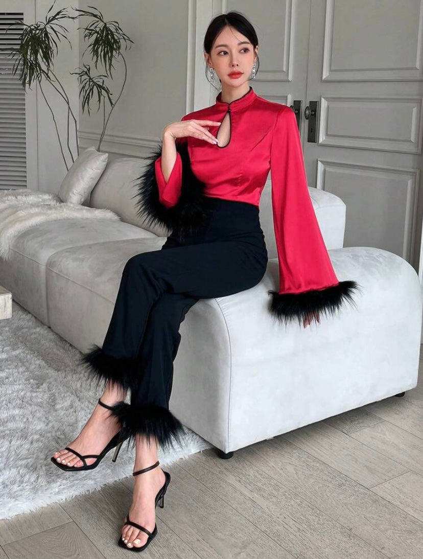 CM-TS119182 Women Elegant Seoul Style Keyhole Neck Fuzzy Cuff Trumpet Sleeve Blouse