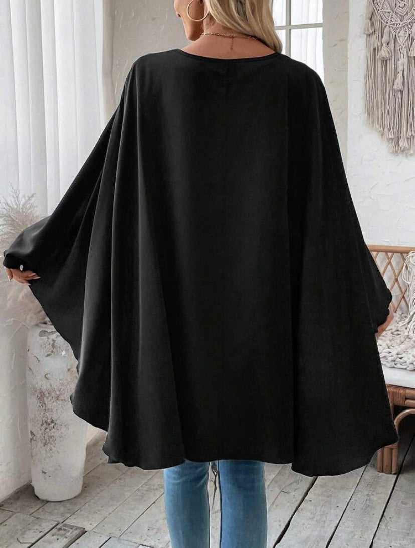 CM-TS773506 Women Casual Seoul Style Round Neck Batwing Sleeve Cape Irregular Hem Shirt