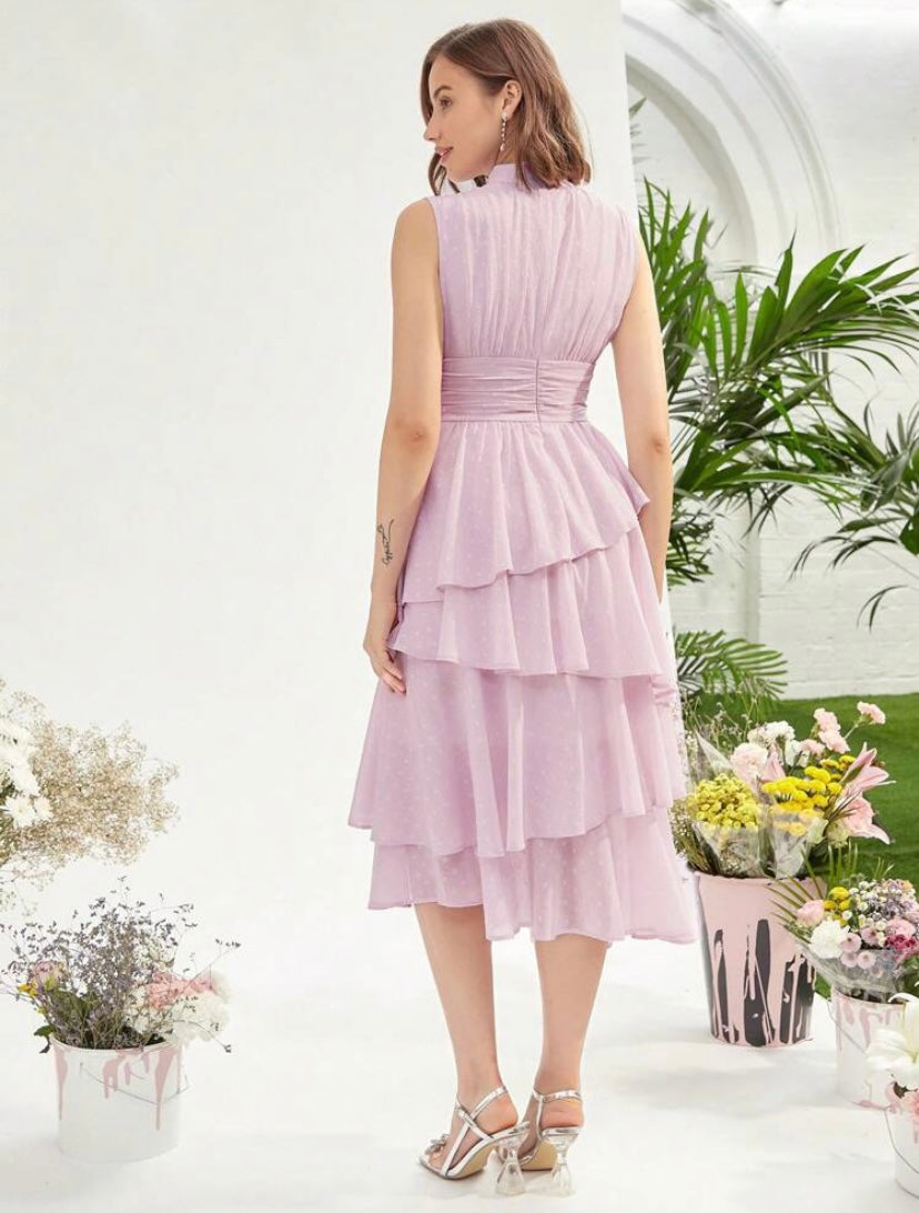 CM-DS362216 Women Elegant Seoul Style Mock Neck Ruched Bust Layered Hem Dress - Pink
