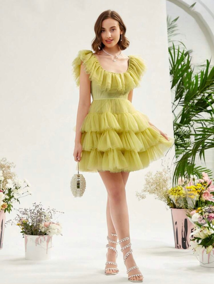 CM-DS262971 Women Elegant Seoul Style Sleeveless Ruffle Trim Mesh Overlay Dress