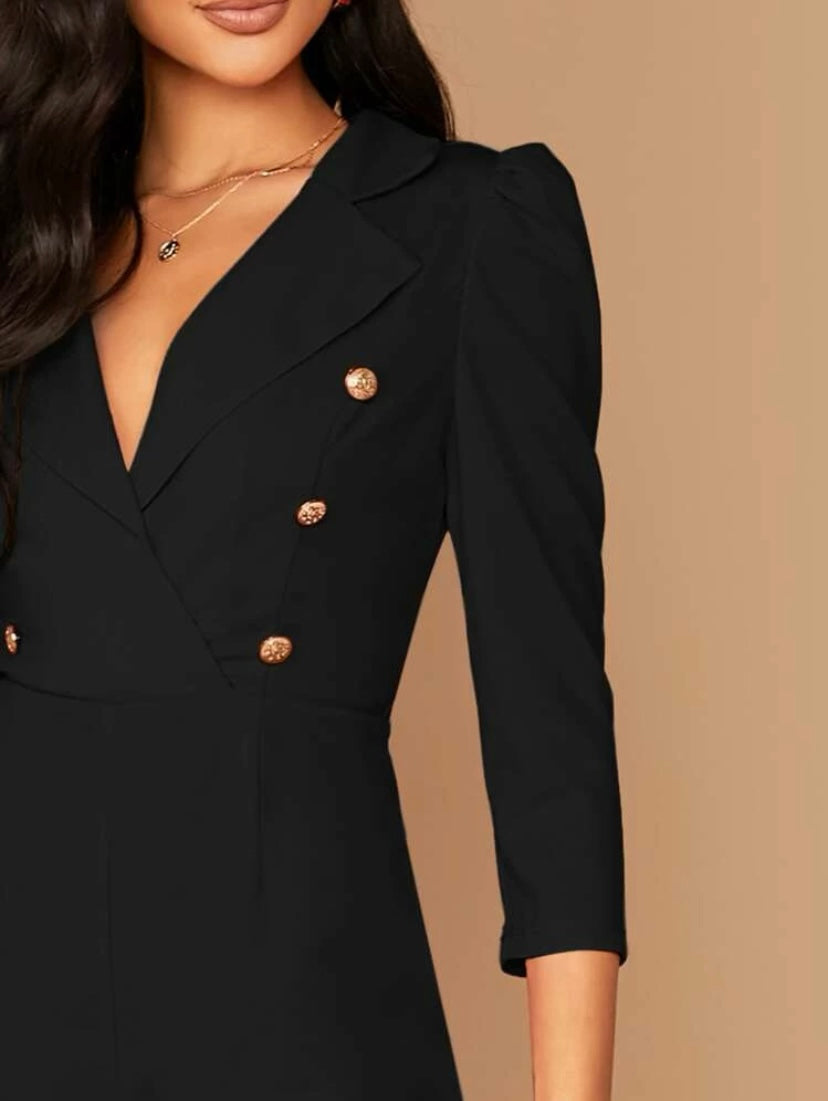 CM-JS207378 Women Elegant Seoul Style Notched Collar Double Breasted Jumpsuit - Black