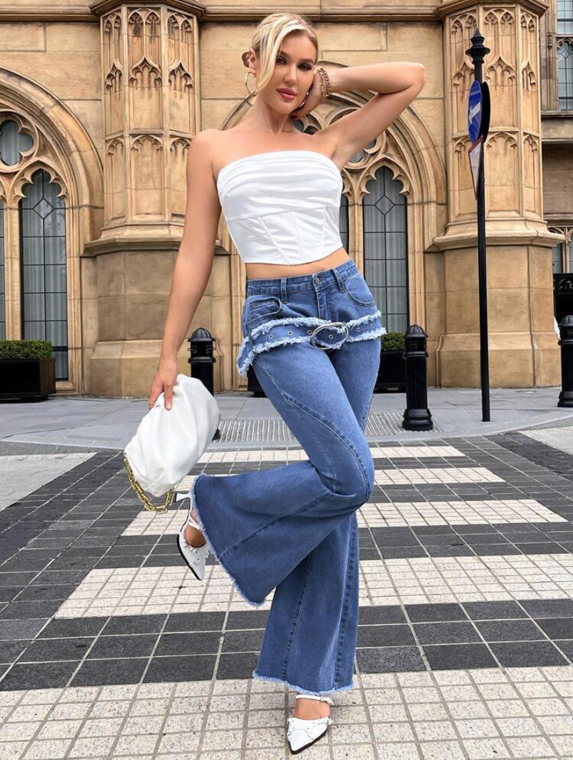 CM-BS881395 Women Casual Seoul Style Light Wash Raw Trim Buckle Front Flare Leg Jeans