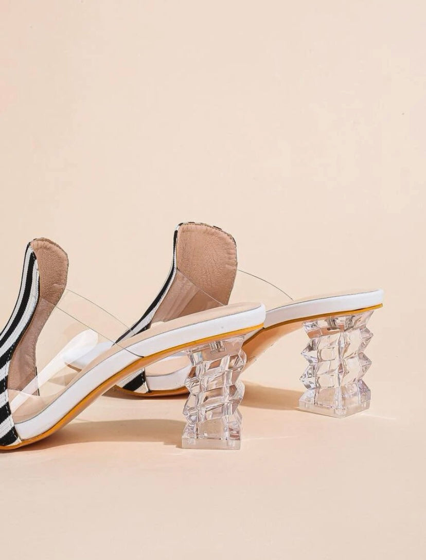 CM-SHS111611 Women Casual Seoul Style Striped Pattern Sculptural Heeled Mule Sandals
