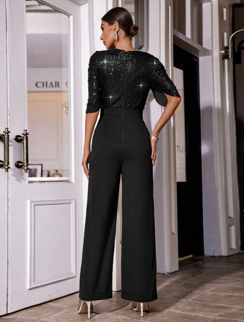 CM-JS617417 Women Casual Seoul Style Round Neck Puff Sleeve Sequin Bodice Jumpsuit - Black
