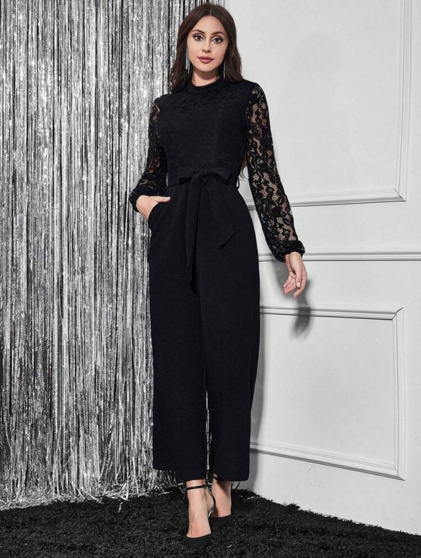 CM-JS343317 Women Elegant Seoul Style Contrast Lace Lantern Sleeve Belted Wide Leg Jumpsuit